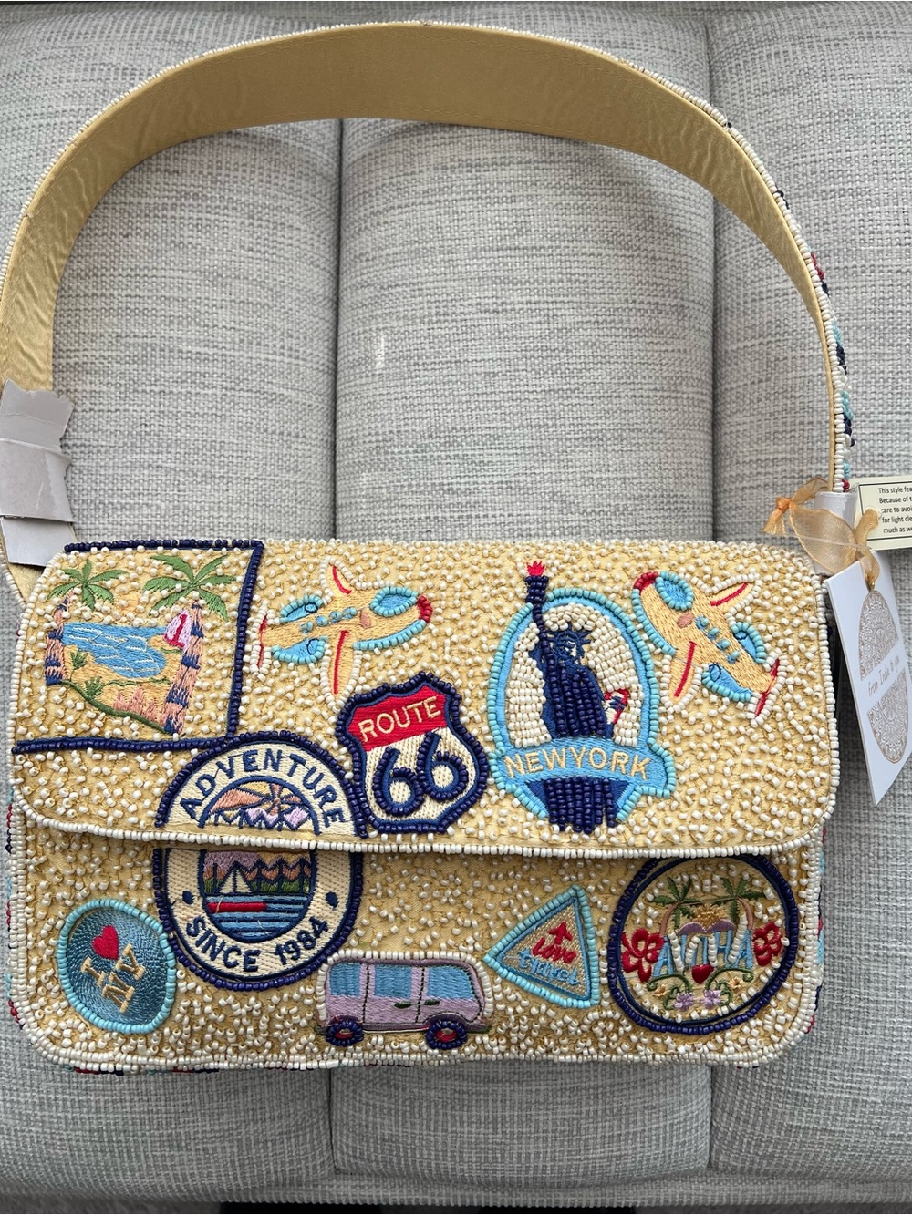 NWT Beaded Patchwork Shoulder Bag in Gold - New York Route 66 Adventure